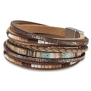 Boho Leather Wrap Bracelet for Women, Leopard Crystal Multi-Layer